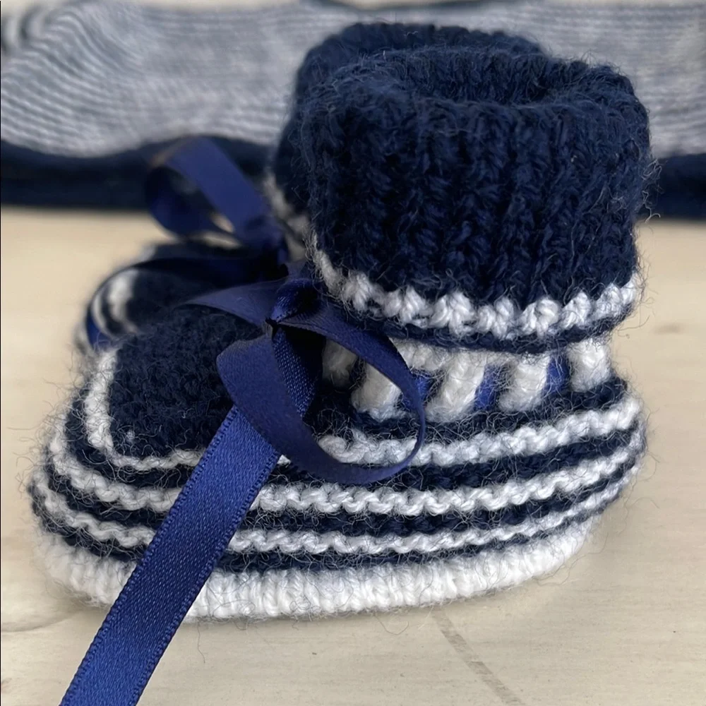 Hand Knit Striped Navy and White Baby Sweater with Booties